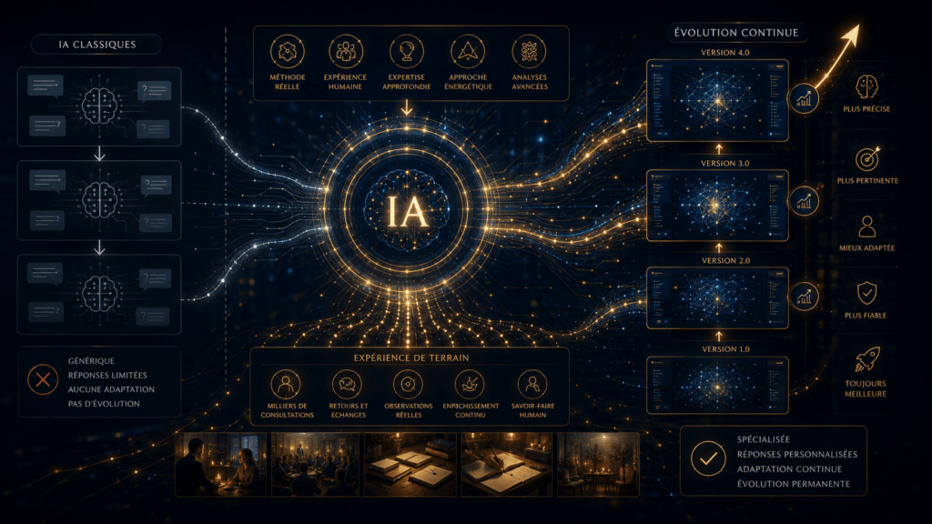 Schéma comparant les IA classiques génériques à l'IA-Voyance évolutive, de la version 1.0 à 4.0, toujours plus précise et fiable