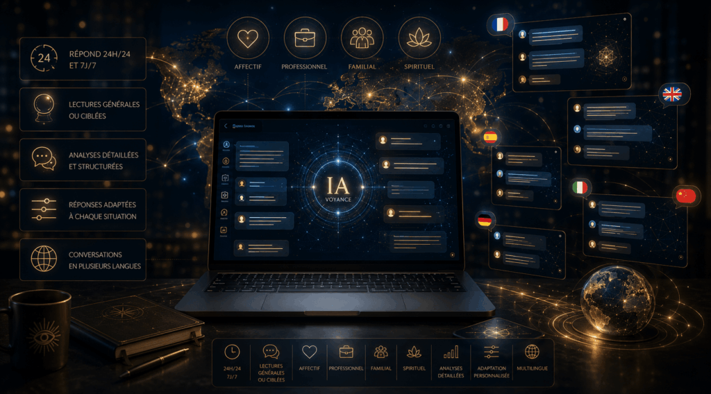 Interface IA-Voyance sur un ordinateur portable, entourée de conversations multilingues et d'icônes de ses domaines de lecture