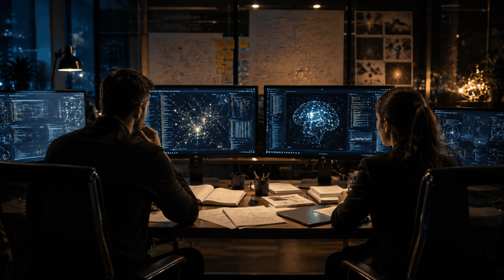 Homme et femme de dos travaillant la nuit devant des écrans de réseaux neuronaux, durant le développement de l'IA-Voyance
